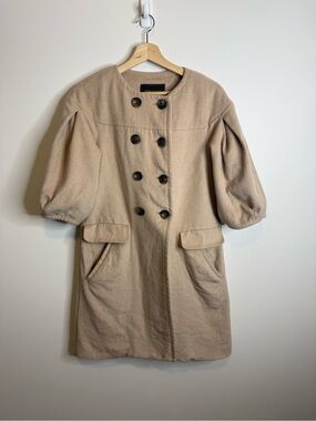 BCBGMaxAzria Beige Double-Breasted Puff-Sleeve Pea Coat jacket wool blend small